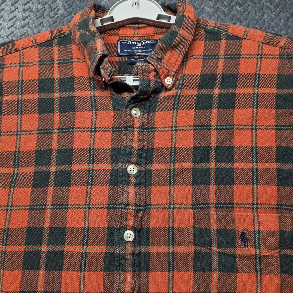 Ralph Lauren Sport Y2K Grunge Plaid Flannel Shirt Men's XL Tall Orange Green‎
